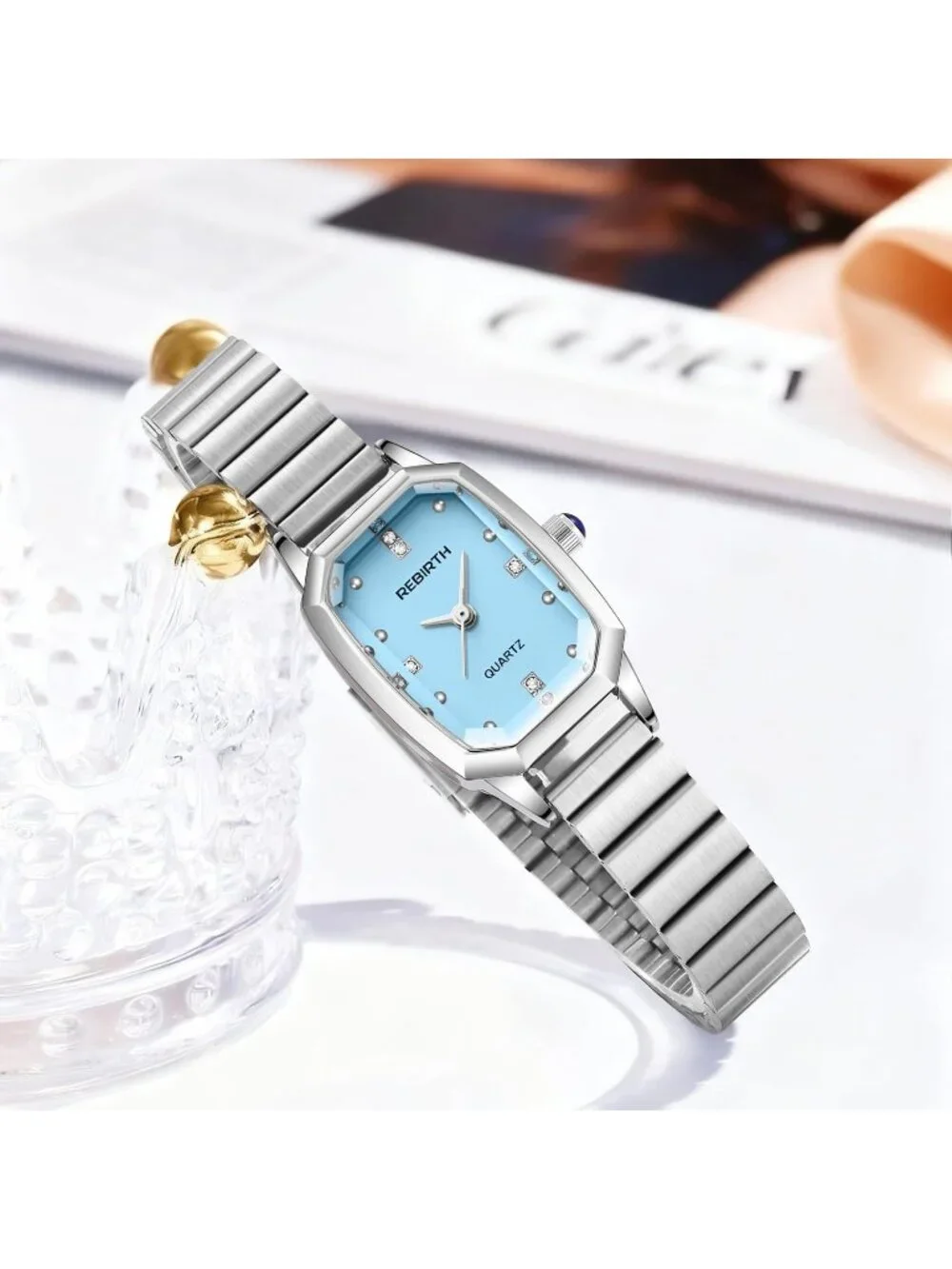 Women’s Blue Rectangular Quartz Stainless Steel Strap Classic Vintage Wristwatch